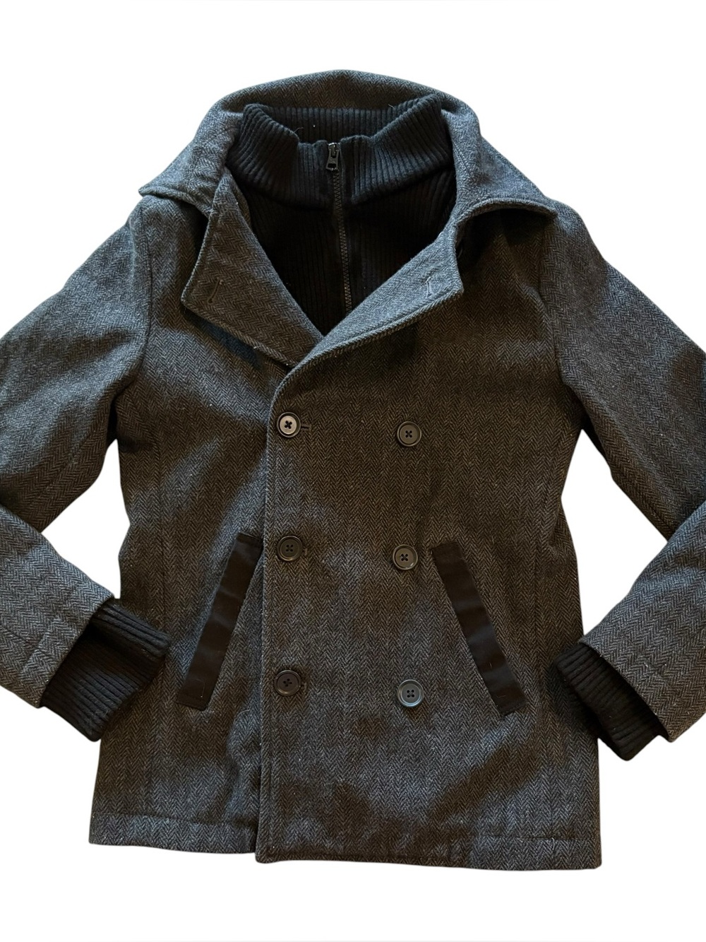 Epic Threads Boys Medium Gray Herringbone Wool Blend Double Breasted Peacoat